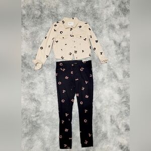 Alphabet Print Denim Cropped Jacket & Reversible Black Jeans